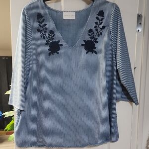 French Grey Navy Striped Blouse with Floral Embroidery